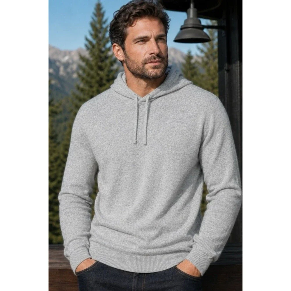 J Crew Cashmere Hoodie Mens L Gray Waffle Knit Minimalist Luxury Sweater BC474